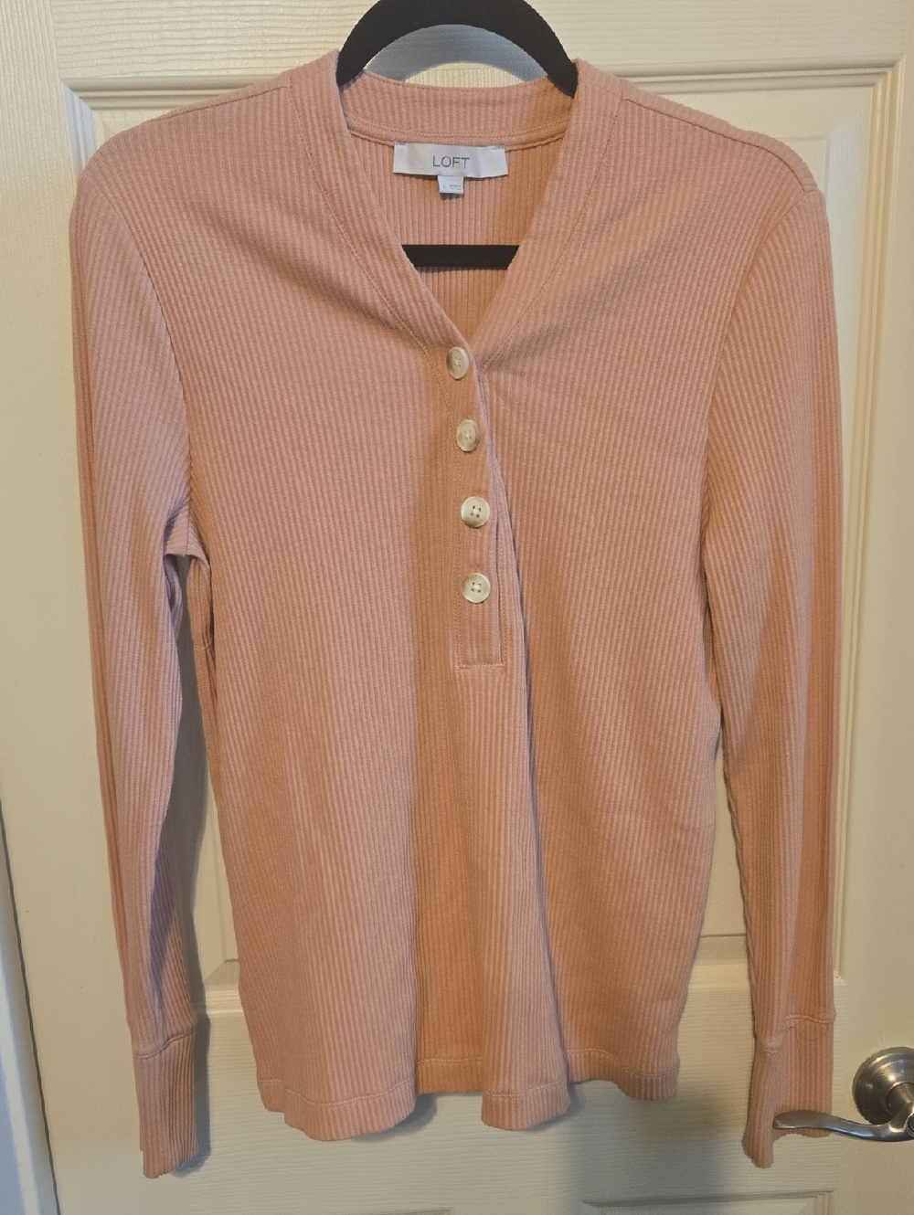 LOFT Dusty Rose Ribbed Henley Long Sleeve Top